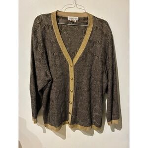 Drapers & Damons Womens 3X Cardigan Sweater Black Gold Metallic Lurex‎ Geometric